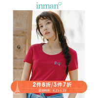 茵曼2019夏装新款圆领印绣花简约百搭弹性棉短袖T恤女
