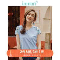 茵曼2019夏装新款V领绣花简约百搭连身短袖T恤女