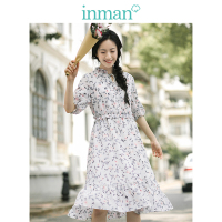 茵曼2018秋装新款木耳边立领蝴蝶结绑带碎花收腰连衣裙女中长裙