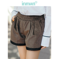 茵曼2018春新款松紧腰拼接花边百搭阔腿短裤女口袋裤子休闲可爱