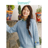 茵曼2018春新款百搭圆领宽松绣花九分袖文艺镂空钩花毛衣罩衫女