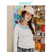 茵曼2018春新款清新修身文艺蕾丝花边领长袖套头薄款毛衣女短款