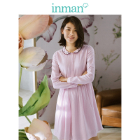 茵曼2018秋装新款绣花娃娃领高腰长袖连衣裙A字裙女