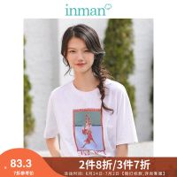 茵曼2019夏装新款弹性棉圆领连身袖个性印花宽松休闲百搭T恤女