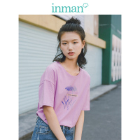 茵曼2019夏装新款圆领落肩袖宽松文艺印花休闲时尚百搭T恤上衣女