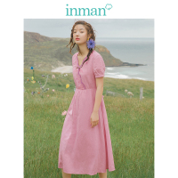 茵曼2019夏装新款V领复古文艺绣花收腰显瘦A字短袖长款连衣裙女