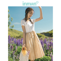 茵曼2019夏装新款纯色T恤圆领短袖拼接抽绳A摆波点文艺连衣裙女