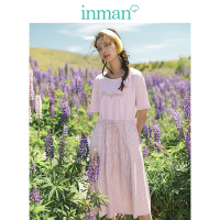 茵曼2019夏装新款圆领落肩袖绣花T恤拼接格子连衣裙时尚文艺女