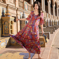 茵曼特价清仓夏新款V领喇叭袖宽松显瘦印花A字字裙连衣长裙女度假