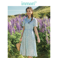 茵曼2019夏装新款翻领短袖松紧腰A摆文艺小清新波点碎花连衣裙女