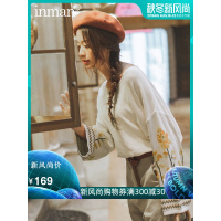 茵曼2019秋季新款森系文艺圆领拼接毛衣女宽松套头喇叭袖慵懒风