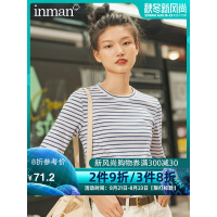 茵曼T恤女2019秋季新款圆领条纹中袖文艺休闲显瘦圆领针织上衣