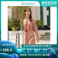 茵曼2019秋季新款文艺系带红色复古收腰v领格子裙连衣裙木耳边领