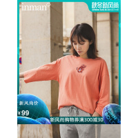 茵曼2019秋装新款文艺七分落肩袖可爱猫咪绣花宽松T恤圆领上衣女