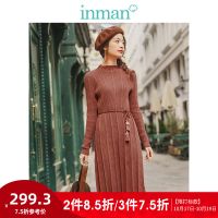 茵曼2019新款文艺优雅竖条纹坑条针织连衣裙秋季中长款a字裙收腰