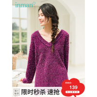 茵曼毛衣女冬装新款V领精美提花宽松慵懒风中长款套头毛针织衫