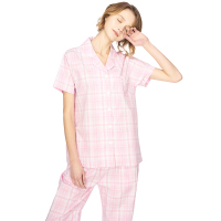 三枪家居服女2018春夏新品纯棉睡衣彩格翻领全棉女士家居套装81220D0