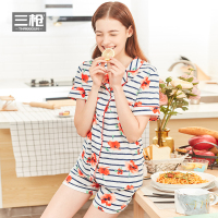 三枪睡衣女2018春夏新品纯棉翻领开襟纽约设计全棉女士家居套装81313D0
