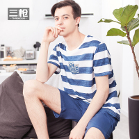 三枪纯棉睡衣男2018春夏新品条纹圆领短袖短裤全棉男士家居服套装81301D0