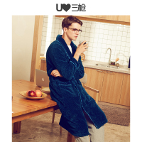 三枪家居服男秋冬新品法兰绒翻领全开襟偏厚中长款居家男士睡袍70349A0
