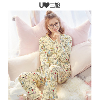 三枪家居服女纯棉秋冬新品翻领纽约设计睡衣印花全棉女士居家套装81420D0