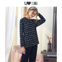 三枪家居服女纯棉秋冬纽约圆领长袖长裤睡衣印花全棉女士居家套装81432D0