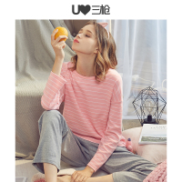 三枪家居服女纯棉秋冬新品彩条全棉圆领睡衣长袖长裤女家居套装81442D9