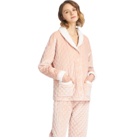 三枪 秋冬季丝绒夹棉翻领开襟长袖男女情侣家居服 睡衣套装81409D9/81410D9