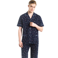 三枪睡衣纯棉2019春夏新品翻领开襟印花短袖长裤全棉男士家居套装 81439D0