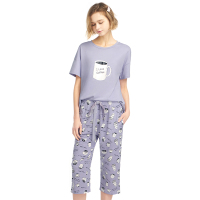 三枪家居服女纯棉2019春夏新品圆领印花系带少女居家全棉女士睡衣 81556D0