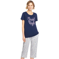 三枪女睡衣2019春夏新品水柔密棉圆领印花短袖中裤女士家居服套装 81558D0