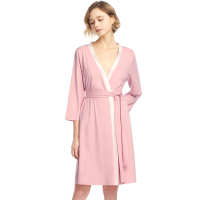 三枪睡衣女2019春夏新品冰感爽滑密棉系带开襟棉质中袖女士睡袍 70365A0