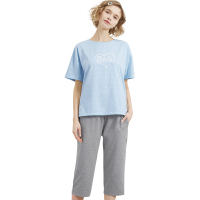 三枪2019春夏新品水柔弹力棉圆领条纹印花短袖中裤女家居套装 81536D0