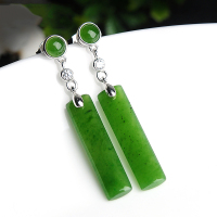 帛兰梓韵 天然和田玉碧玉耳坠仿古玉耳坠925纯银镶嵌菠菜绿碧玉长形耳环女款玉石耳饰品