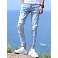 Gurbaks2018夏季新款九分裤男个性破洞牛仔裤潮流修身小脚裤子男