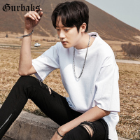 Gurbaks纯白色简约T恤男夏季宽松短袖开叉下摆上衣舒适透气男装