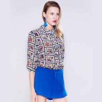可爱卡通邮票图案真丝上衣