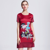 Cendile人物印花圆领真丝连衣裙