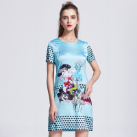 Cendile人物印花圆领真丝连衣裙
