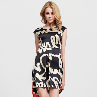 Cendile时尚个性字母印花真丝连衣裙