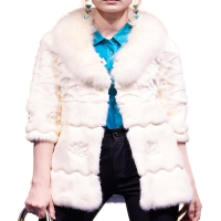 CDN010NB别致玫瑰花图案狐狸毛领中长款兔毛外套