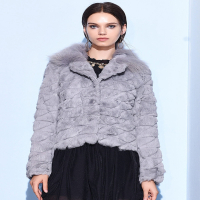 CXC001LD女款菱形花纹短款兔毛皮草外套