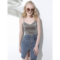 CCQ003LC百搭单排扣双口袋小开叉牛仔包臀裙