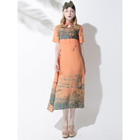 CHE024JS典雅中国风景物印花亚麻连衣裙