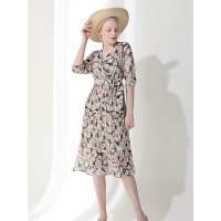 CVE004HK浪漫植物花卉图案收褶裙摆设计连衣裙