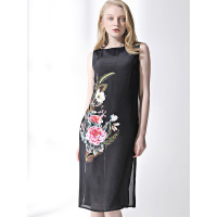 CYJ377HE优雅中国风花卉图案100%桑蚕丝连衣裙