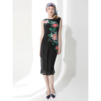 CYJ377MJ优雅中国风花卉图案100%桑蚕丝连衣裙