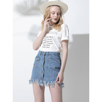 CZG205LC时尚单排扣双口袋设计猫须牛仔短裙