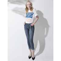 CZG217LC气质简约金属挂饰磨白牛仔裤