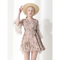 CZG260FS优雅植物花卉图案抽带连衣裙